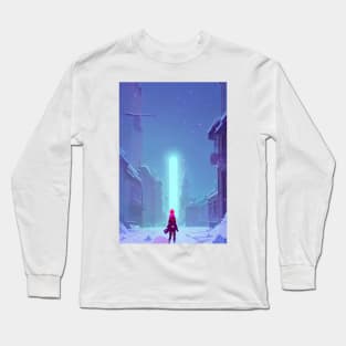 Anime Girl Cyberpunk Laser Snowy Christmas Landscape Long Sleeve T-Shirt